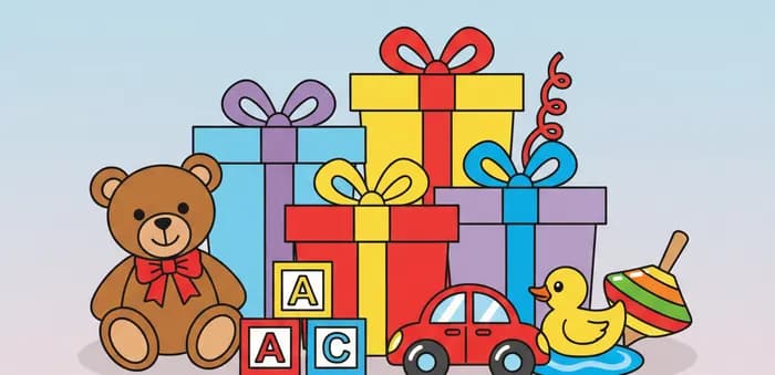 Illustration of wrapped gifts, building blocks and a teddy bear