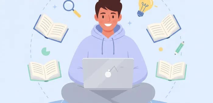 Illustration of a student studying at a laptop surrounded by books