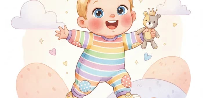 Illustration of a smiling toddler holding a soft toy