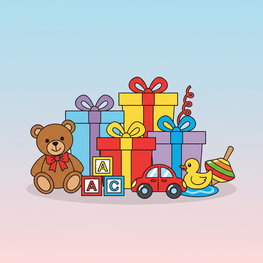 Illustration of wrapped gifts, building blocks and a teddy bear