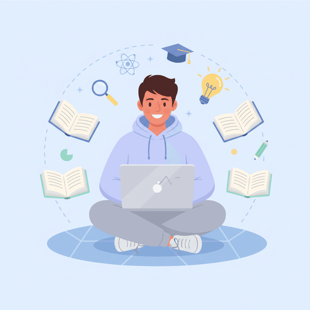 Illustration of a student studying at a laptop surrounded by books