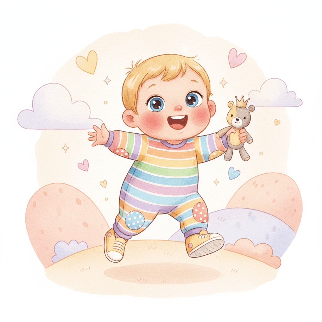 Illustration of a smiling toddler holding a soft toy