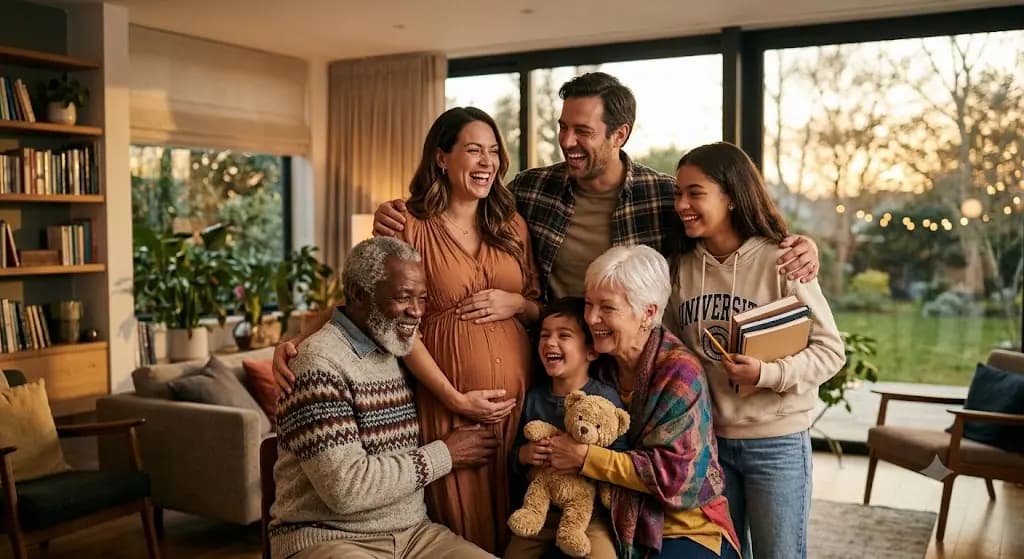 Three generations of a family sitting together at home, laughing and reading